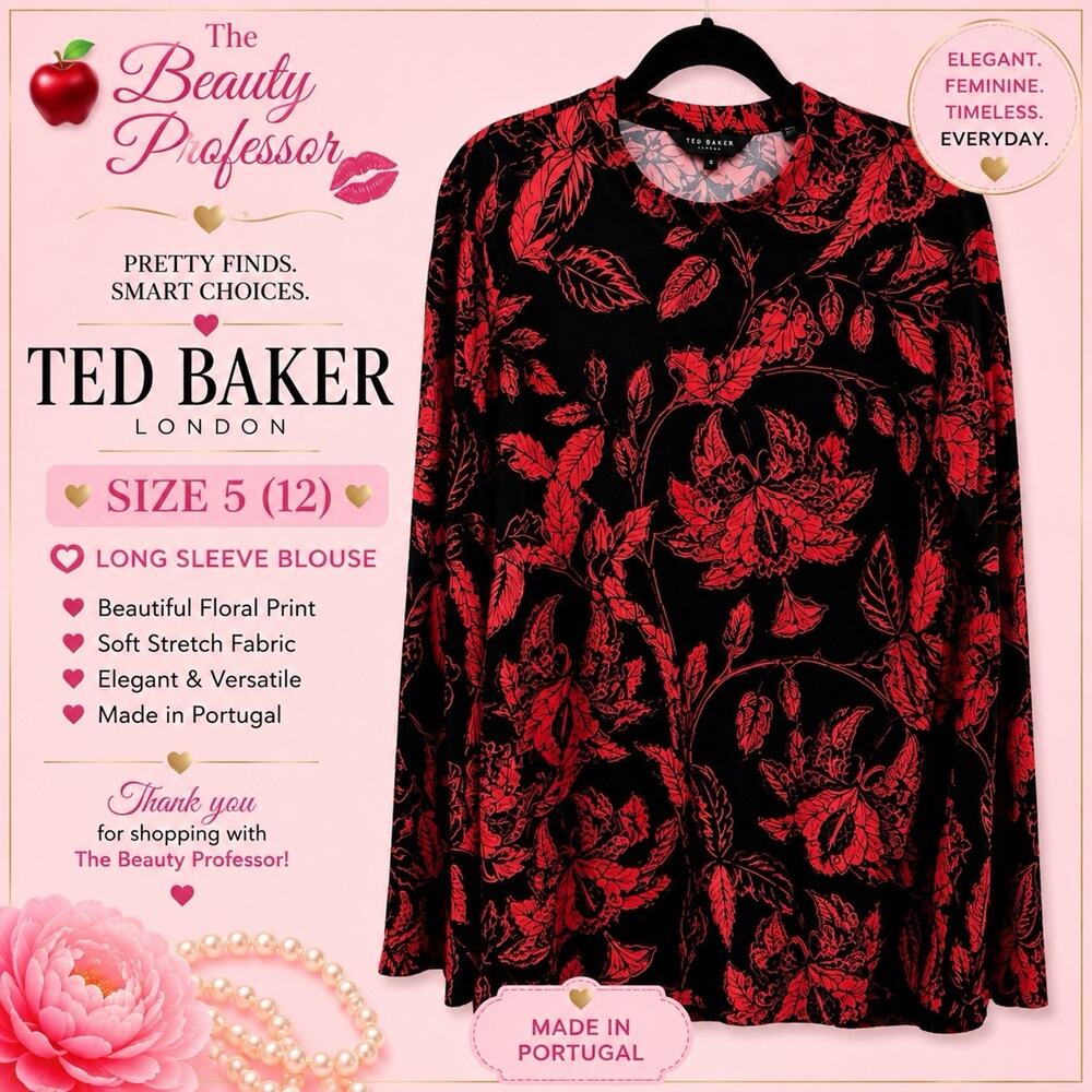 🍎 Ted Baker London Floral Long Sleeve Blouse Black Red Size 5 / US 12